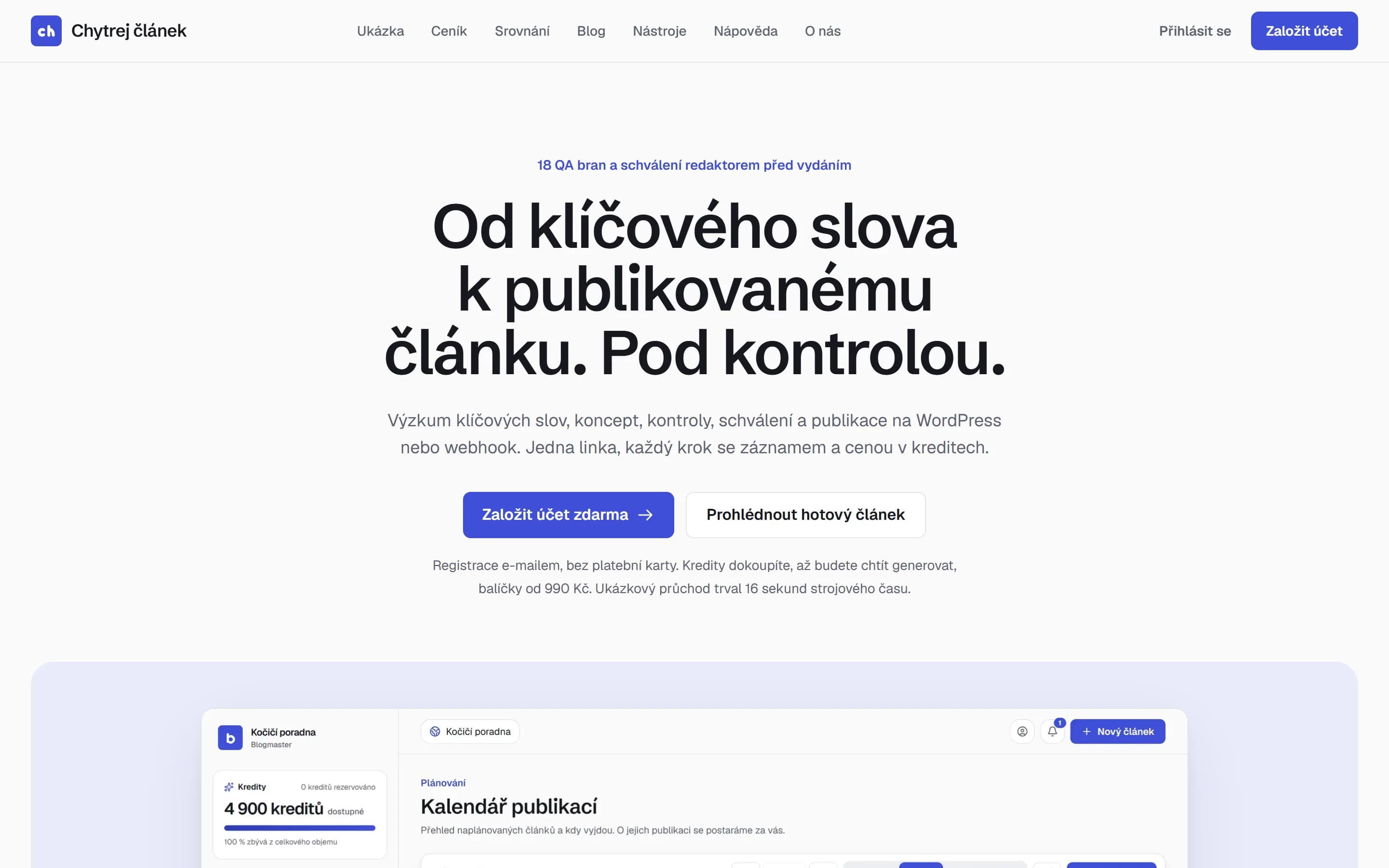Chytrejclanek.cz homepage: headline “Od klíčového slova k publikovanému článku. Pod kontrolou.” (From keyword to published article. Under control.) with buttons to sign up for free and view a finished article.