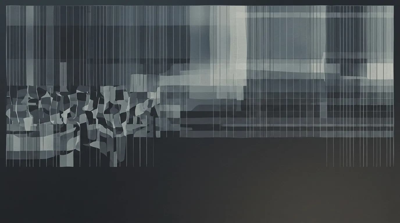 Abstraktní geometrická kompozice v tlumených barvách znázorňující strukturu dat a narušení digitálního systému.