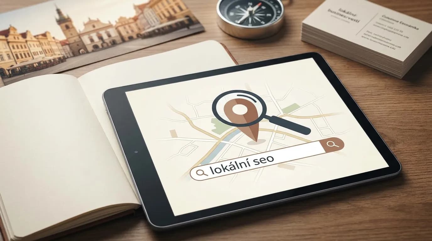 Mapa s lokalizačními body a lupou znázorňující lokální SEO.