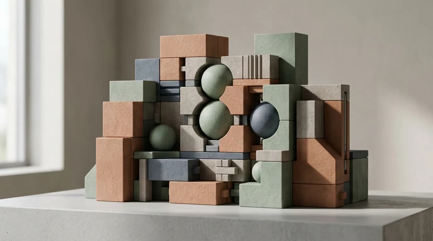 Abstraktní geometrické tvary v tlumených barvách symbolizující strukturu a efektivitu AI modelu Gemma 4.