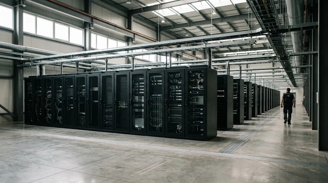 Pohled do moderního datového centra s řadami serverových racků a přirozeným osvětlením.