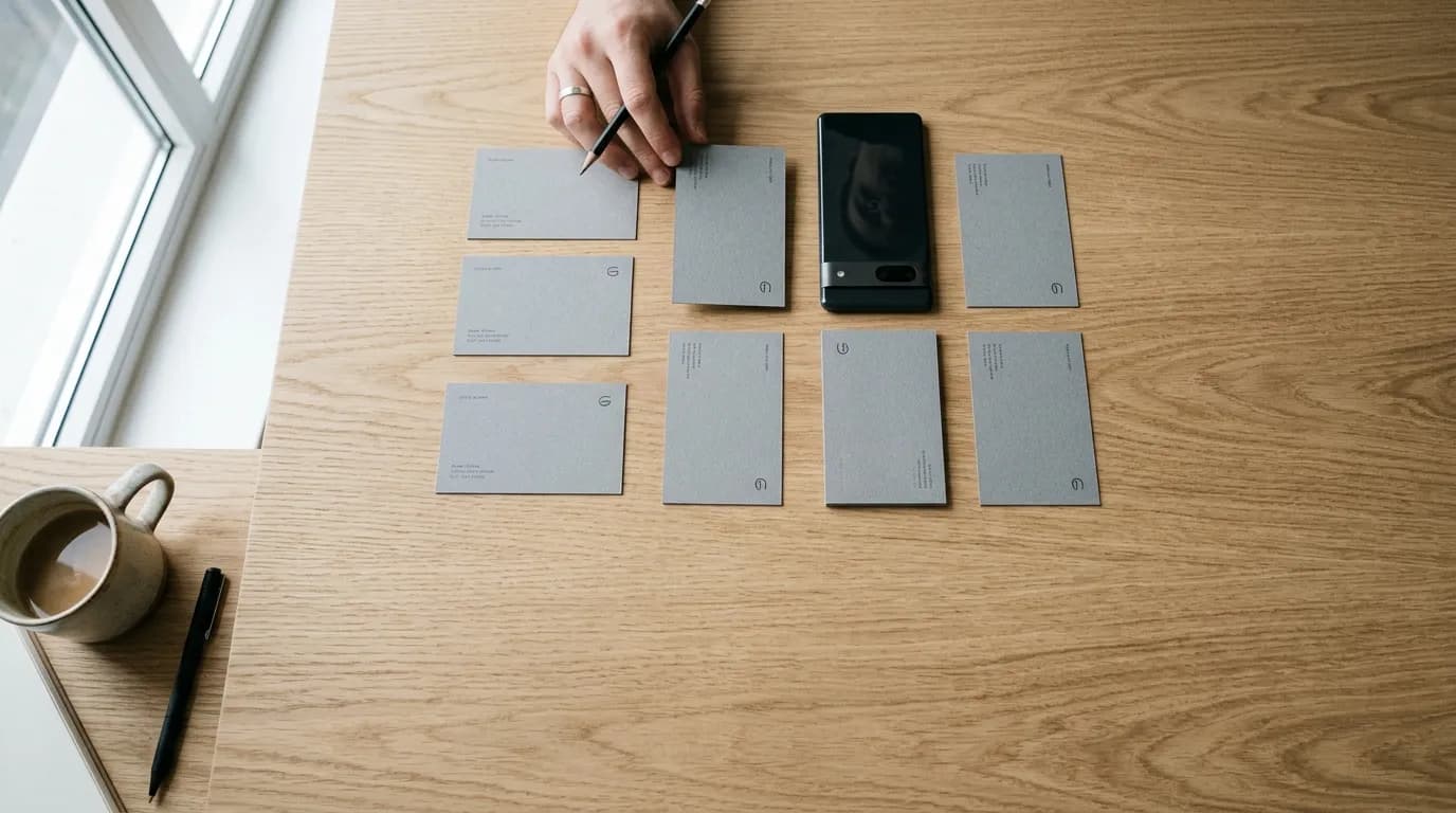 Detailní pohled na minimalistický dřevěný stůl s uspořádanými šedými kartami a moderním telefonem v přirozeném světle.