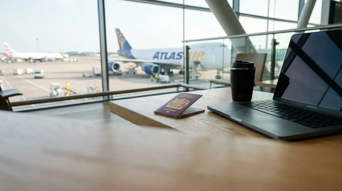 Detailní záběr na notebook a pas na stole v moderní letištní hale s výhledem na letadla v pozadí.