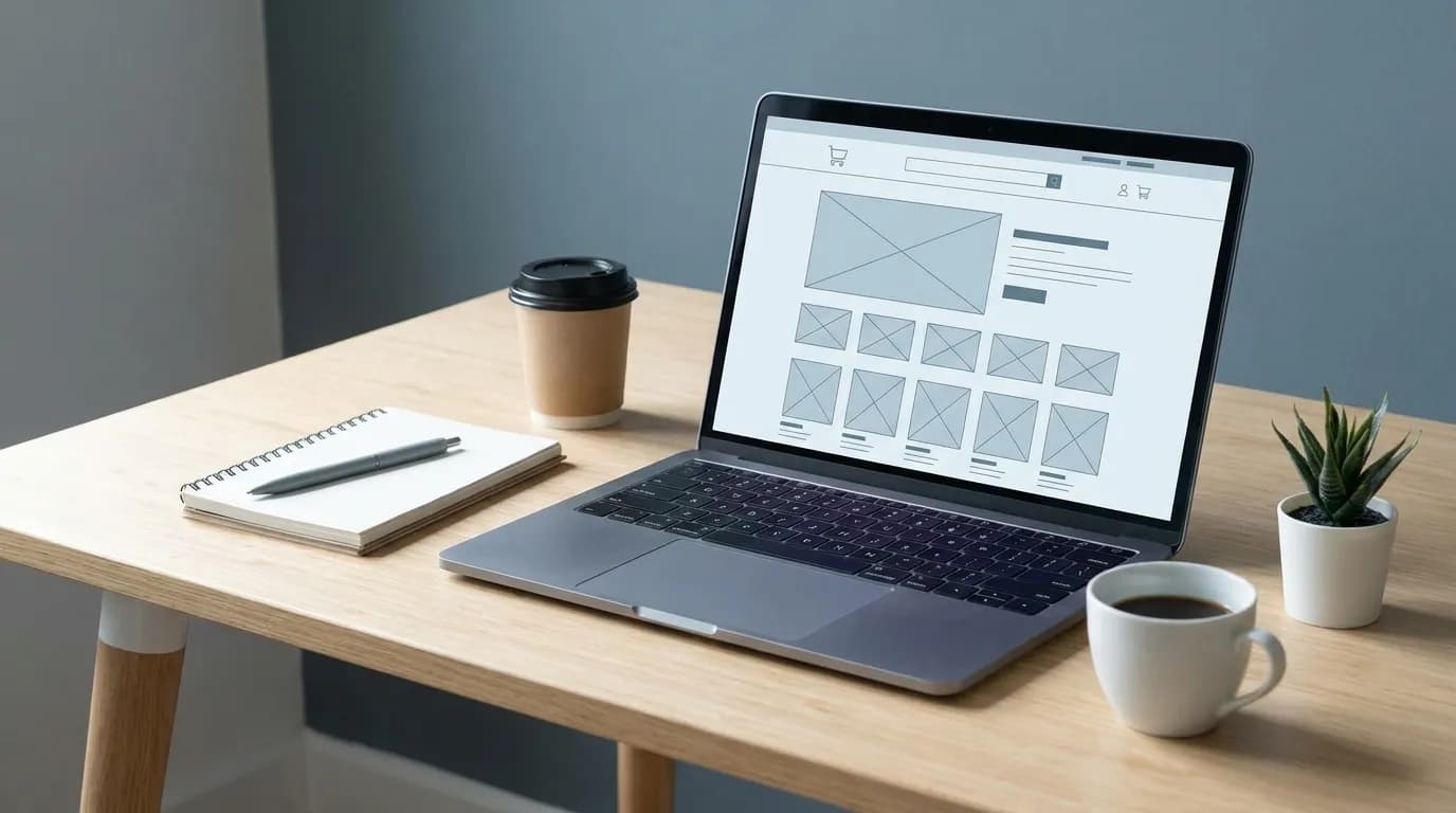 Grafický návrh a proces tvorby e-shopu na obrazovce počítače.
