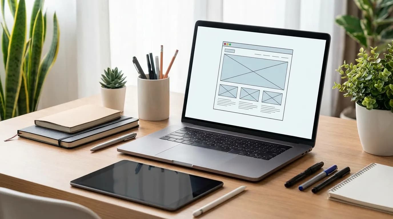 Detailní pohled na monitor s návrhem moderního webu a kódem.