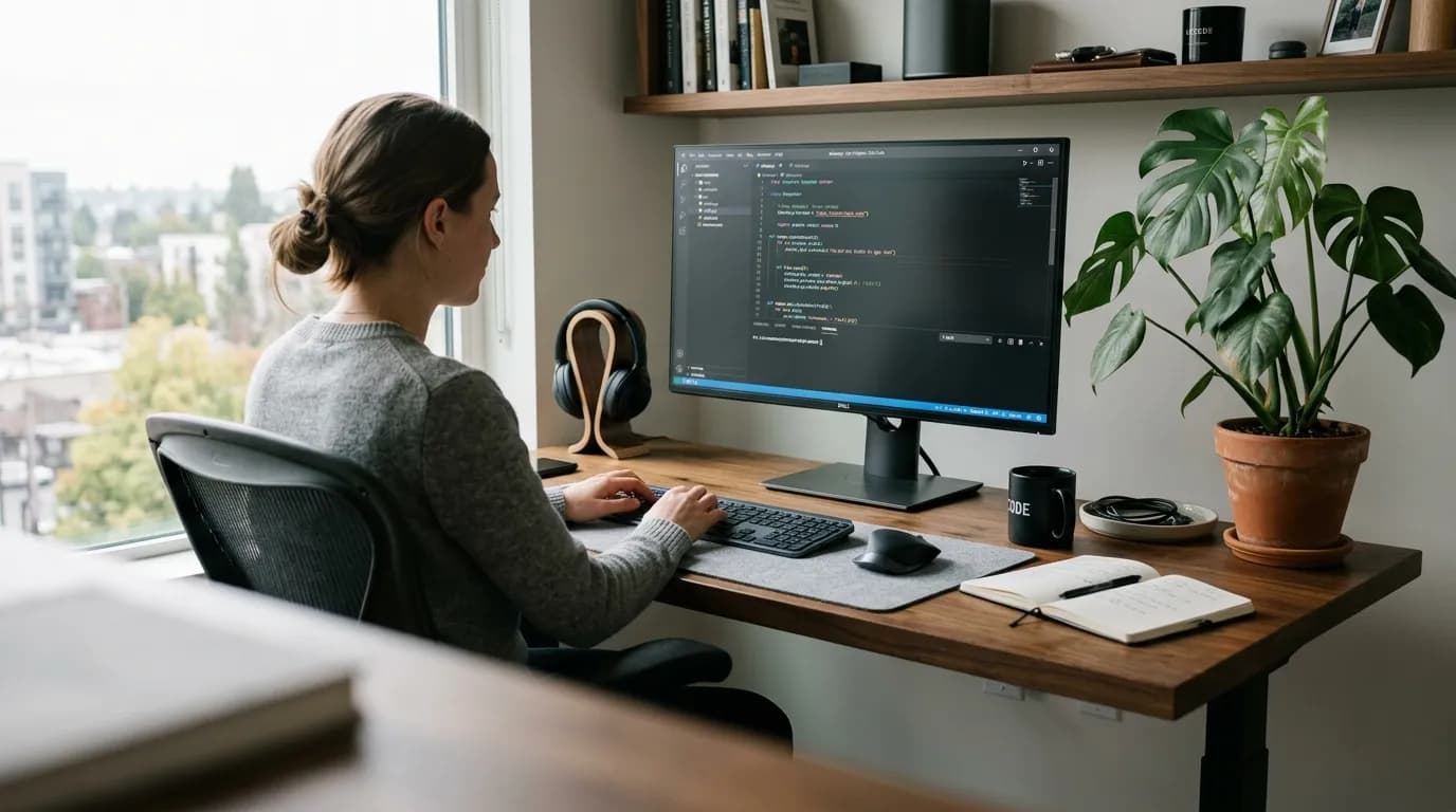 Moderní pracovní kout s monitorem zobrazujícím kód, osvětlený přirozeným denním světlem.